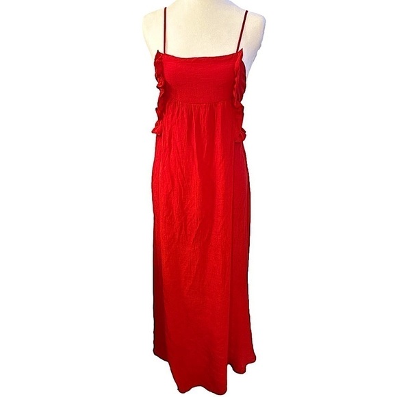 Zara Red Maxi Dress Spaghetti Straps Ruffle Detail Bow Tie Open Back Small - Picture 6 of 13